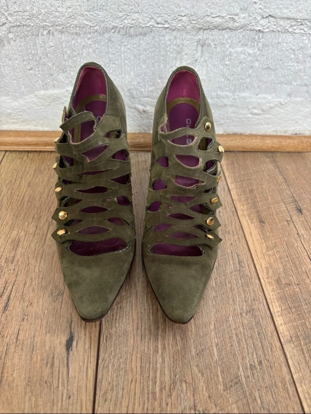 Etro Cage 1980s Leather Suede Olive Green Lace-Up Cage Stiletto Heels sz 9 1/2